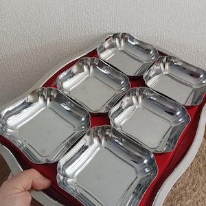 6 stainless steel fruit bowls, Letang Remy style, set of French quality stainless steel bowls and trays, vintage metal tableware, stainless steel dessert set