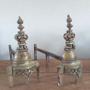 Paire De Chenets Vintage - Laiton Massif Et Acier - Occasion