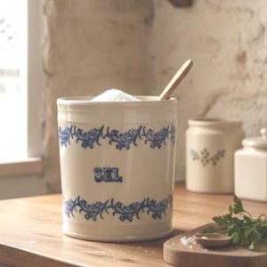 Salero antiguo de loza de Saint Uze, decoración floral azul, olla antigua de piedra de hierro de Saint Uze, jarra del siglo XIX, olla de Saint Uze con manchas craqueladas