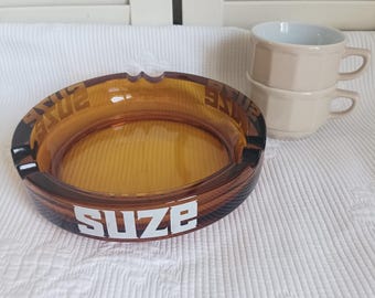 Popielniczka XXL Suze ze szkła bursztynowego, vintage, lata 60. XX wieku, słoik reklamowy Suze, szkło dymione, epoka kosmiczna