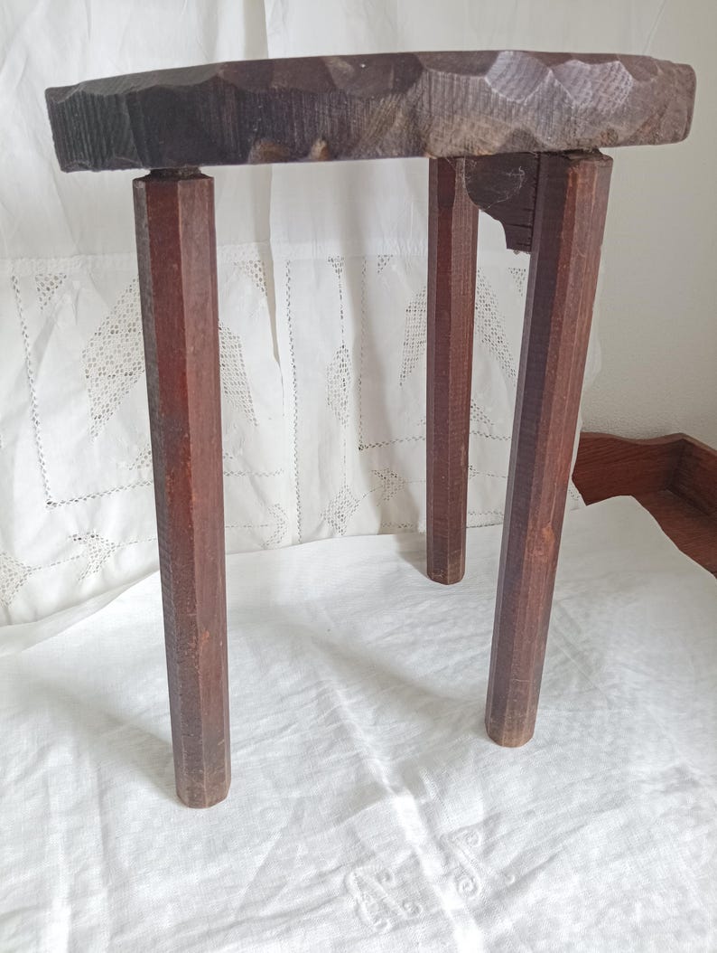 Turned Wood Tripod Stool - Antique Solid Wood Chair - Decorative Flea Market Seat - Country Farmhouse Low Wooden Chair - Milky Tool image 4