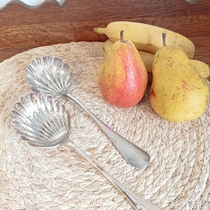 Puede incluir: Dos cucharas de servir plateadas con cuencos en forma de concha descansan sobre una estera tejida. Dos peras, una roja y amarilla, la otra amarilla, y un racimo de plátanos están en el fondo. Las cucharas tienen mangos largos.