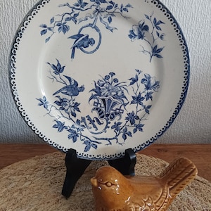 flat iron earth plate, Creil and Montereau deposited dish, old plate with bird and foliage, nice Creil Montereau plate old dish