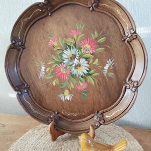 Vintage hand-painted wooden tray - floral decoration - Chamonix souvenir - mountain chalet decor - French folk art, round wooden dish