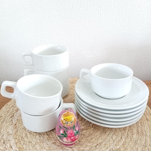 White porcelain bistro cups, antique French cup and saucer set, opaque porcelain bistro cup set, espresso cup