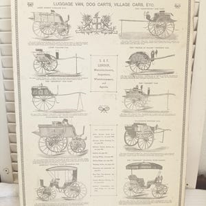 Peut inclure: Une impression rectangulaire de style vintage présentant des illustrations en noir et blanc de diverses voitures hippomobiles, dont une fourgonnette, des charrettes à chiens et des voitures de village. Le texte indique LUGGAGE VAN, DOG CARTS, VILLAGE CARS, ETC.