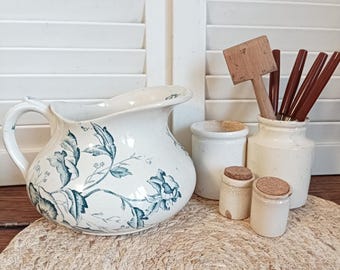 Antique floral earthenware pot with a rounded shape, plump wash jug, blue ironstone transferware pot, bathroom pitcher/jug