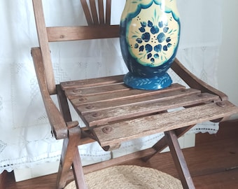 Vintage folding wooden child's chair, rustic plant stand, folding chair for children, French country decor, mid-century small stool, plant stand