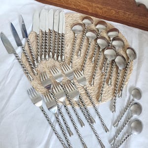Vintage twisted cutlery set, antique forged cutlery set, medieval brutalist set from Ravello, metal forks, knives, and spoons
