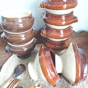 lot 3 bols à soupe en faïence brune vintage tête de lion, 3 bols glaçure crème pâle, bols à soupe à l'oignon individuels français avec anses