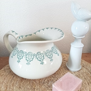 Pot-bellied earthenware pitcher, plump wash jug, transferware green ironstone piercer, antique 19th-century ceramic bath pot