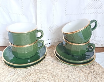 Tasses de bistrot en porcelaine vert foncé, set tasse et soucoupe antique française, lot tasses bistrot de porcelaine opaque, tasse expresso