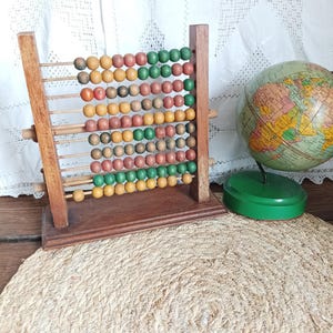 Può includere: Un abaco vintage in legno con perline colorate nelle tonalità dell'arancione, del verde e del marrone. L'abaco è posto su una base di legno. Un piccolo mappamondo con base verde si trova a destra dell'abaco.