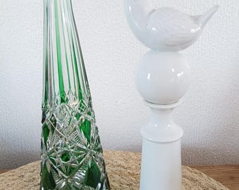 Antique Val Saint Lambert cut crystal carafe, VSL liqueur carafe, emerald green crystal,