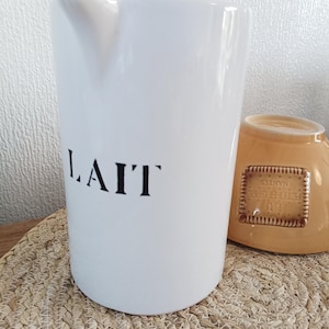 Pure white stoneware milk jug, white ceramic pitcher, pottery jug and black/white stencil print, large French table milk jug