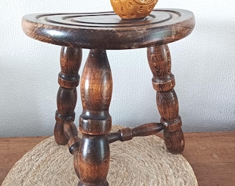 antique tripod farm stool, small rustic solid wood seat, French side table, antique turned wood chair, wooden chair