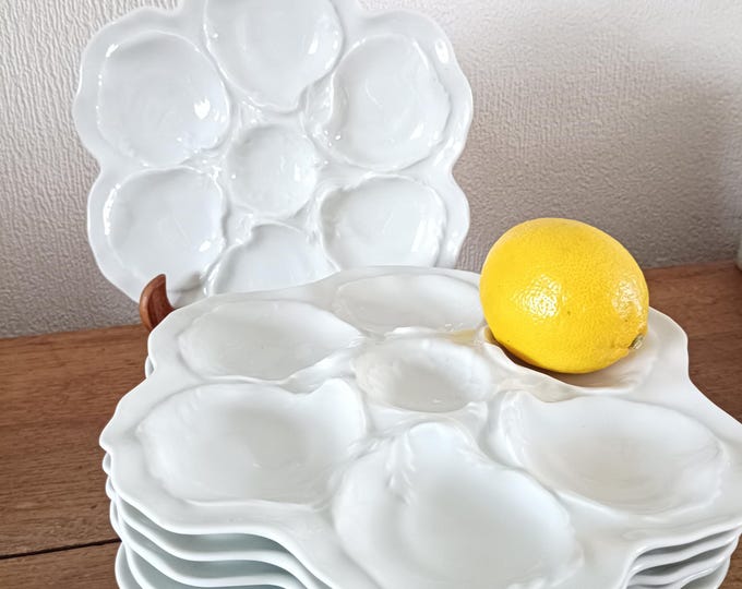 White Limoges porcelain oyster plate, vintage white oyster plate, Limoges porcelain shellfish dish