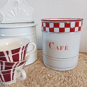 Vintage red enameled coffee pot, metal spice box, Lustucru style, Old enameled sheet metal pot &quot;Coffee&quot; red and white checkerboard
