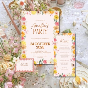 21 Diner Uitnodiging, Menu & Naamkaartje • Floral Garden Thema • Canva Template • Digitale Download • Bruiloft, Tuinfeest, Event