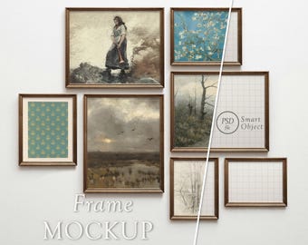Vintage Gallery Wall Mockup: 7 Vintage Frames, Mockup Poster Set, Realistic Wood Frame, Photoshop Gallery Frame Template, Photopea