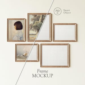 Maqueta de pared de galería realista: Juego de 5 pósteres de maqueta de galería, marco de madera vintage, plantilla de marco de galería de Photoshop, Photopea