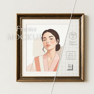 Square Frame Mockup - 1x1 Ratio Aged Poster Frame on White Wall – PSD Smart Object