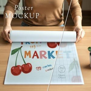 Rolled Poster Mockup – A Person Unrolling Paper Print on Wooden Table - Natural and Realistic PSD Scene for A3, A4, A2 ISO Format