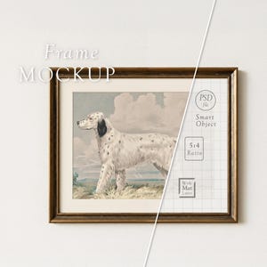 May include: A framed print featuring a dog illustration. The artwork depicts a white dog with black spots standing in a field. The frame is a dark brown color. The words "Frame Mockup" are at the top.