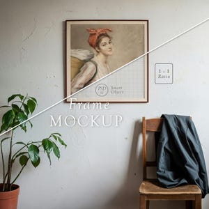 Square Frame Mockup - 1x1 Slim Natural Wood frame with Mat, Worn White Wall, Real Home Interior, PSD Smart Object Layer