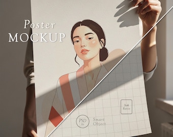 Vertical Poster Mockup Held by Hands: Realistic 4x3 Paper Scene for Artwork and Prints, PSD Smart Object, Photoshop Template