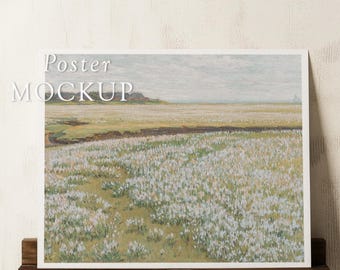 Horizontal 5x4 Paper Poster Mockup on Wooden Shelf: Realistic PSD Smart Object, Wall Art Mockup, Photoshop, Photopea