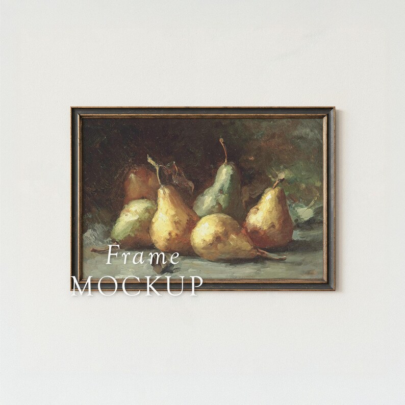 May include: A framed still life painting featuring several pears in shades of yellow and green. The artwork has a dark background and is labeled "Frame MOCKUP" in white text.