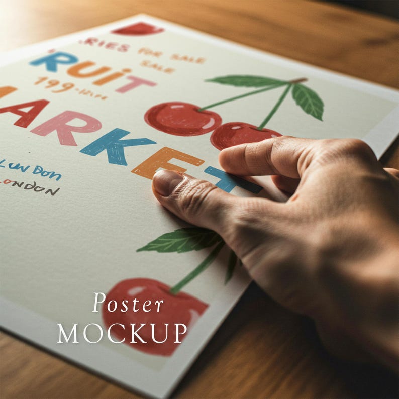 Pode incluir: Uma maquete de cartaz colorida com as palavras "Fruit Market" em v&aacute;rias cores, com ilustra&ccedil;&otilde;es de cerejas e folhas verdes. O cartaz tamb&eacute;m inclui o texto "London" e "Poster Mockup".