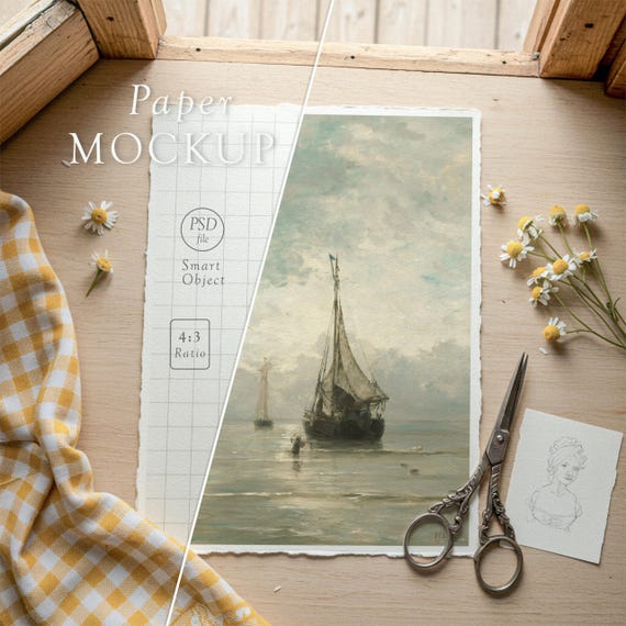 Textured Watercolor Paper Mockup – 4x3 Ratio Vertical Poster Paper, Textured Paper High Detailed with Torn Edges
