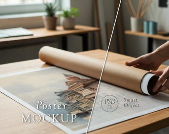 Realistisch opgerold postermodel: hand met buis met uitgerold papier, slim PSD-object