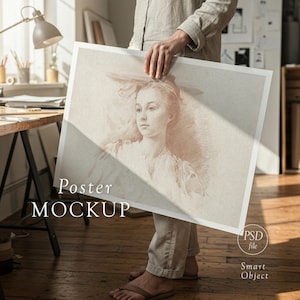May include: A large poster mockup featuring a sepia-toned portrait of a woman. The poster is held by a person in a light-colored outfit. The words "Poster MOCKUP" are printed on the poster. The image also includes the text "PSD file" and "Smart Object".