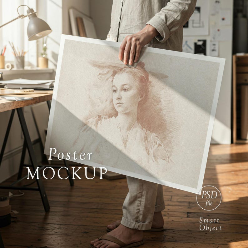 May include: A large poster mockup featuring a sepia-toned portrait of a woman. The poster is held by a person in a light-colored outfit. The words "Poster MOCKUP" are printed on the poster. The image also includes the text "PSD file" and "Smart Object".