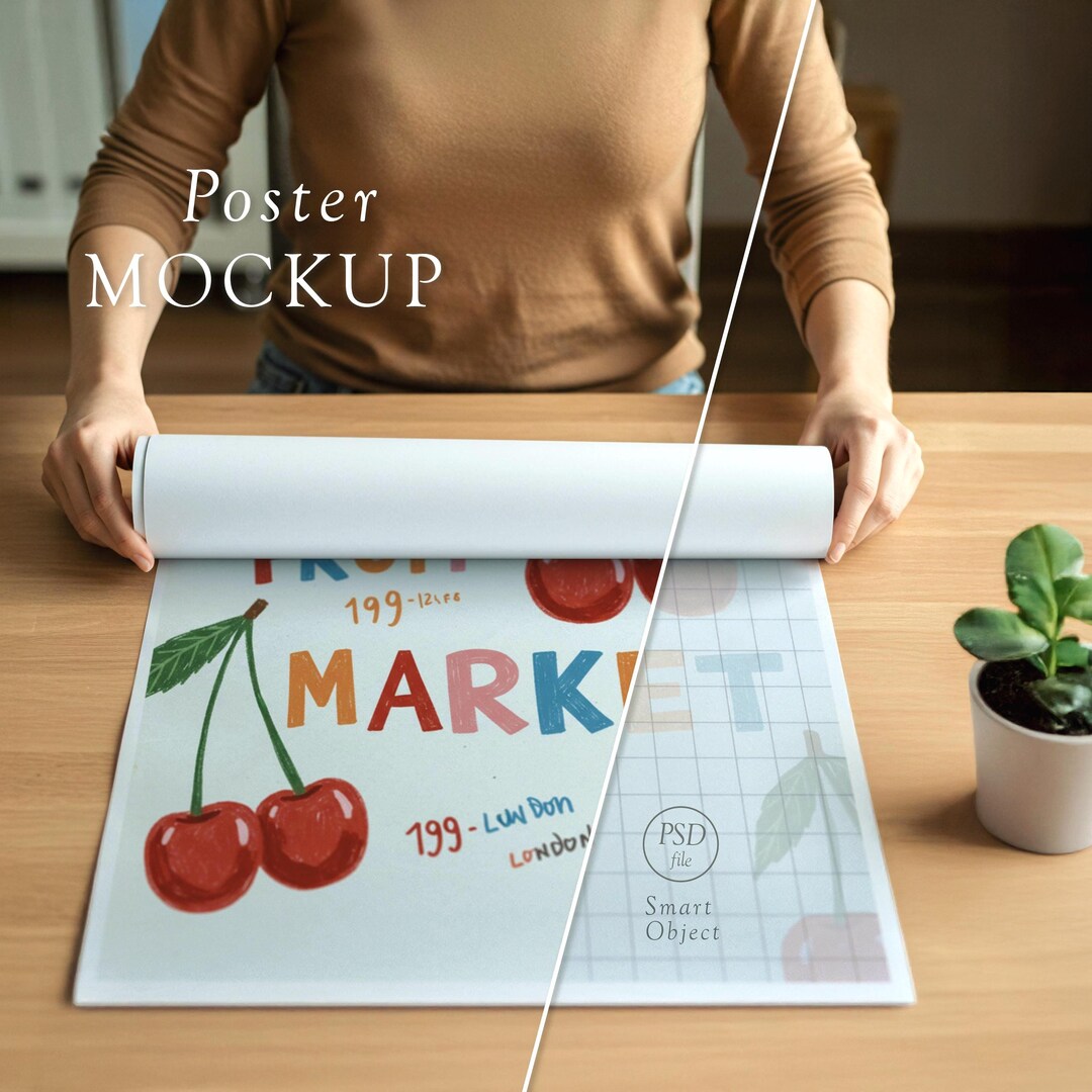 Rolled Out Poster Mockup: A Person Unrolling Paper Print on Wooden ...