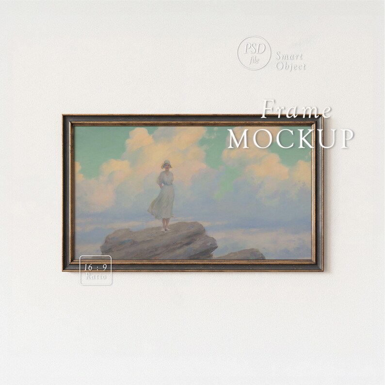 May include: A framed art print mockup featuring a vintage painting of a person standing on a rock, with a cloudy sky backdrop. The frame is dark with gold trim. The text "Frame MOCKUP" is displayed on the image.