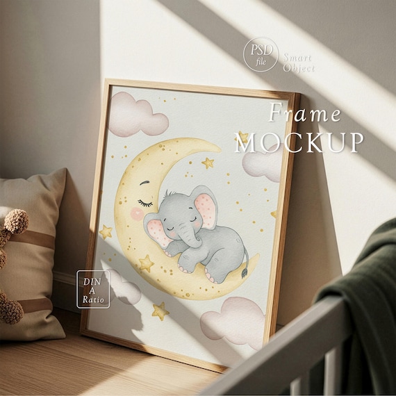 Nursery Frame Mockup: Vertical Baby Room Wall Art Display, Large 18x24 & 24x36 Sizes, Instant Professional Presentation for Your Designs