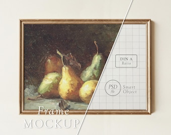 Vintage Wood Frame on Wall: Horizontal Poster Frame, PSD Smart Object, Photoshop, DIN A Ratio