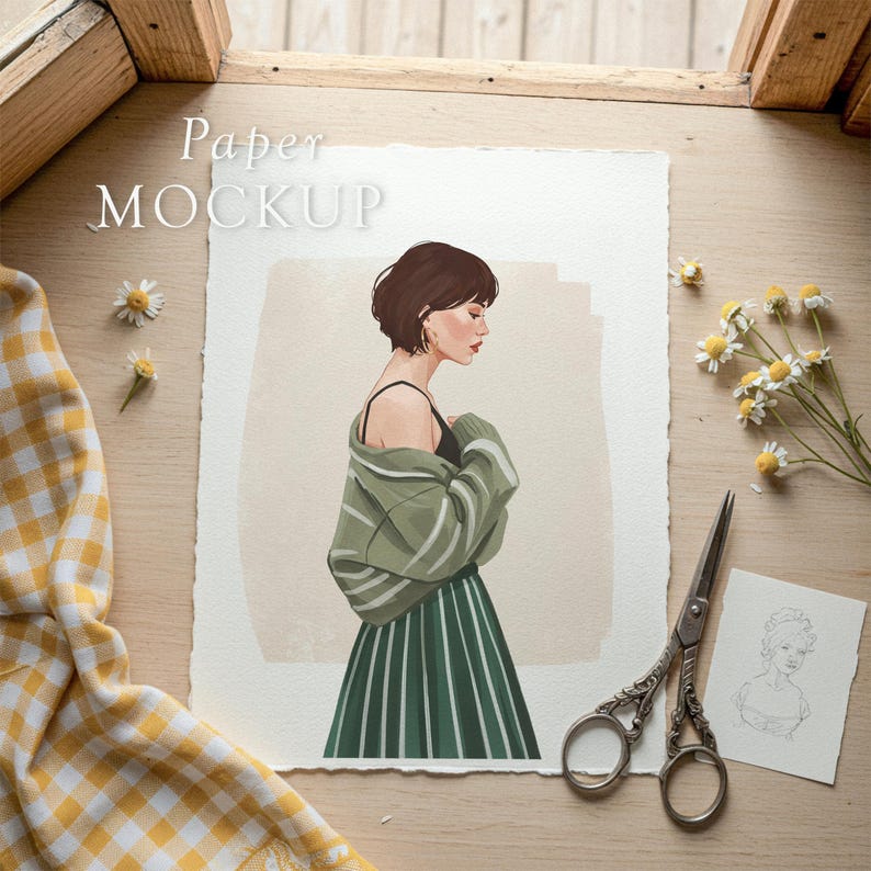 May include: A watercolor illustration of a woman in a green striped skirt and a green and white striped sweater. The image is on a textured paper with the words "Paper MOCKUP" in the upper left corner. A pair of vintage scissors and a sketch are next to the illustration.