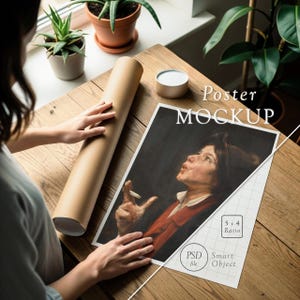 May include: A poster mockup featuring a painting of a person smoking, with the text "Poster MOCKUP". A rolled-up brown poster tube and a small round container are on a wooden surface. The poster has a 5:4 ratio and a "PSD file" and "Smart Object" label.