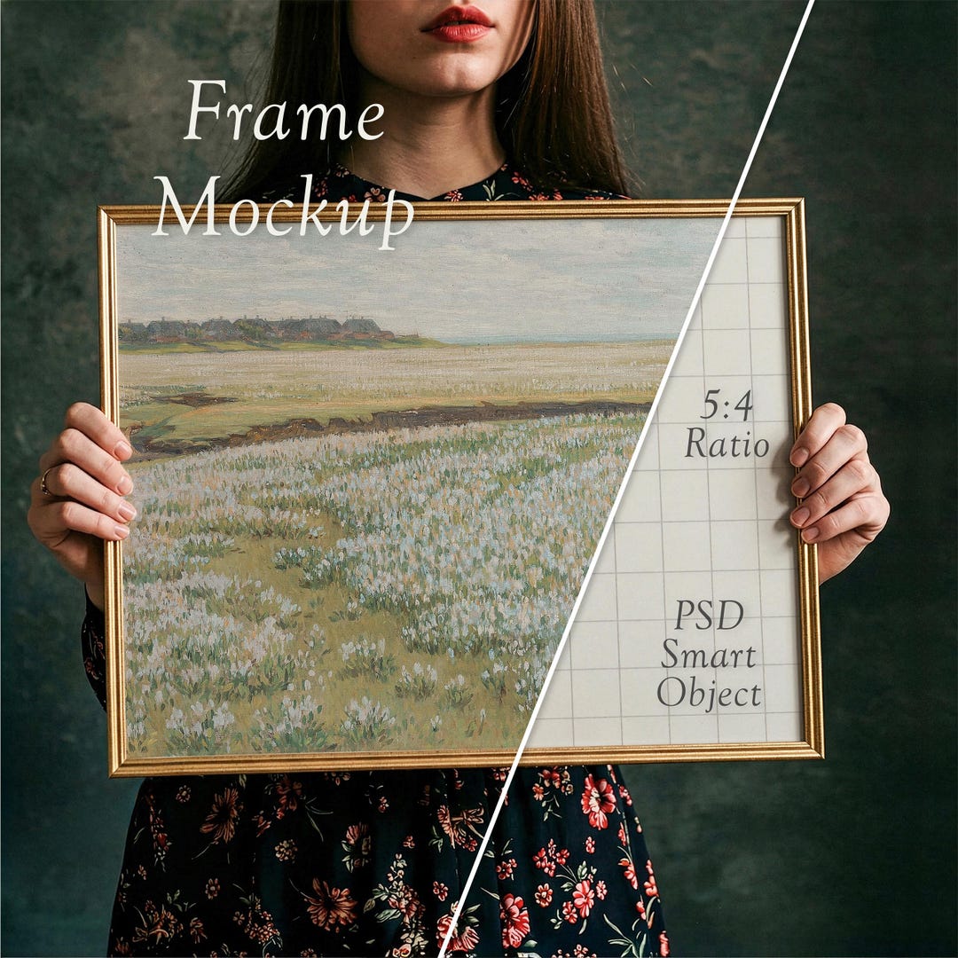 Vintage Gold Frame Mockup: Slim Horizontal 5x4 Frame, PSD Smart Object ...