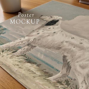 May include: Poster mockup featuring a vintage illustration of a white dog with black spots, set against a landscape with muted green and blue tones. The text "Poster MOCKUP" is displayed in white.