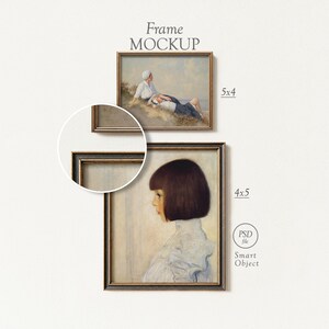 May include: Two framed art prints, one 5x4 inches and the other 4x5 inches, are displayed on a white wall. The top frame features a painting of two people on a hillside. The bottom frame showcases a portrait of a woman with a bob haircut. The text "Frame MOCKUP" is at the top.