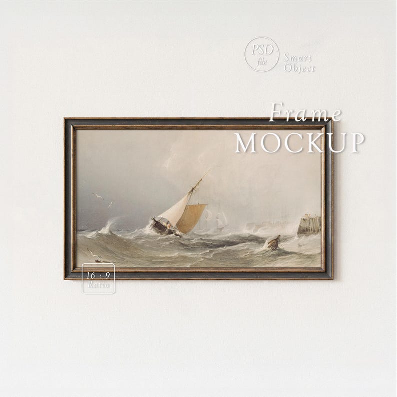 May include: A framed artwork depicting a sailboat navigating rough seas. The painting features a dark wooden frame and the text "Frame MOCKUP" in white. The image has a 16:9 ratio.