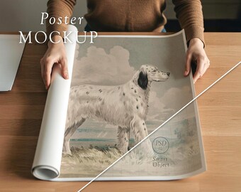 Rolled Poster Mockup: Hand Opening Rolled Art Print, Top View of Poster Paper, Print Display Scene for Creators & Etsy Sellers, Photoshop