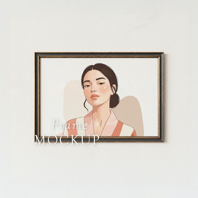 May include: A framed art print featuring a portrait of a woman with dark hair in a bun, wearing a pink and white striped robe. The frame is dark brown with gold accents, and the text "Frame MOCKUP" is visible.