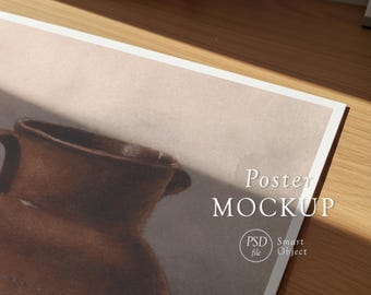 Close Up Paper Mockup: Textured Poster Paper on Table for Realistic Artwork Display, PSD Smart Object, Photoshop Template, Photopea.